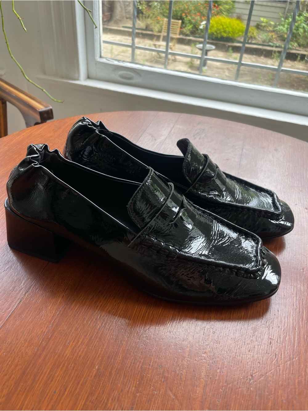 Steve Madden Black Patent Leather Penny Loafers with Block Heel